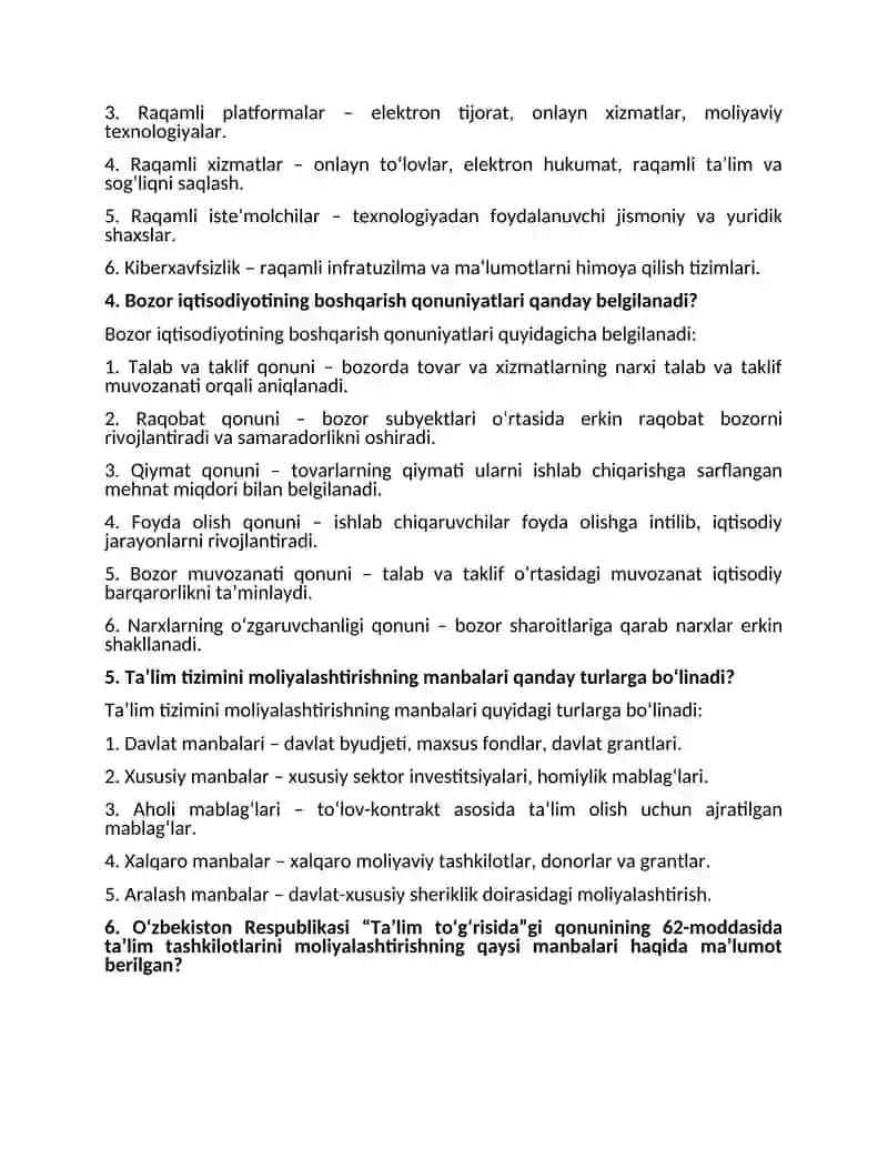 Taʼlim iqtisodiyoti va rahbarning moliyaviy kompetentligi fanidan yakuniy nazorat javoblari 2