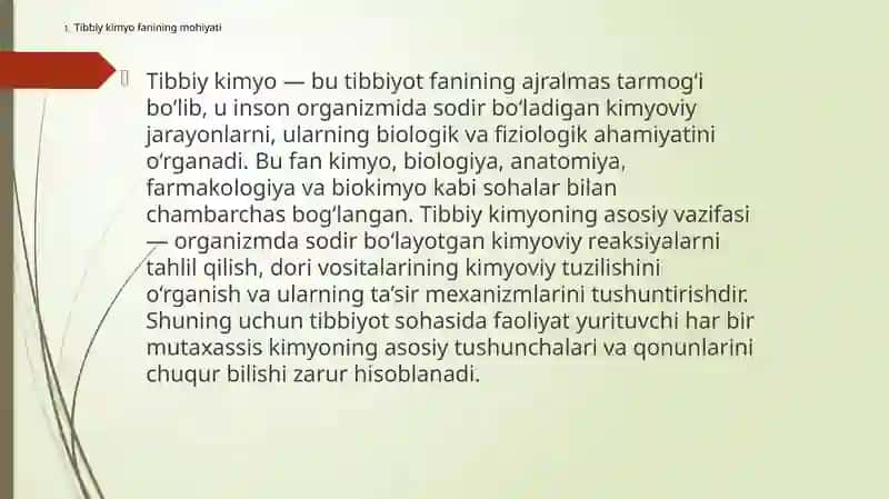 Tibbiy kimyoga kirish. Kimyoning asosiy tushunchalari va qonunlari. Atom va molekula tuzilishi 2