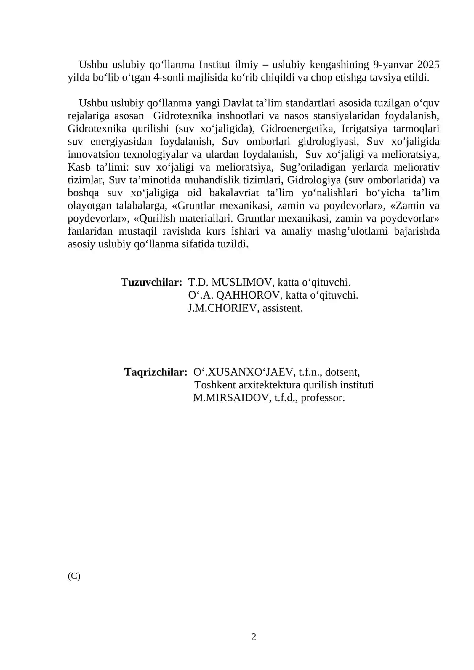 «GRUNTLAR MEXANIKASI, ZAMIN VA POYDEVORLAR» KAFEDRASI KURS ISHI VA AMALIY MASHG‘ULOTLARNI BAJARISH UCHUN USLUBIY QO‘LLANMA (1-qism) 2