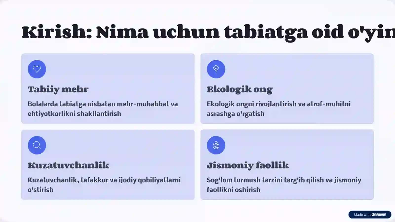Bolalar bog'chasida tabiatga oid o'yinlar: O'rta guruh uchun mashg'ulot ishlanmalari 2