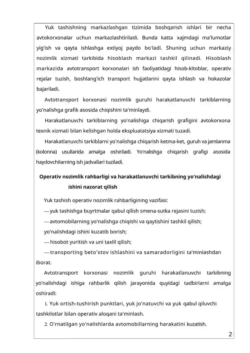 Avtotransport korxonasining ekspluatatsiya xizmati tarkibi va xizmat vazifalari 2
