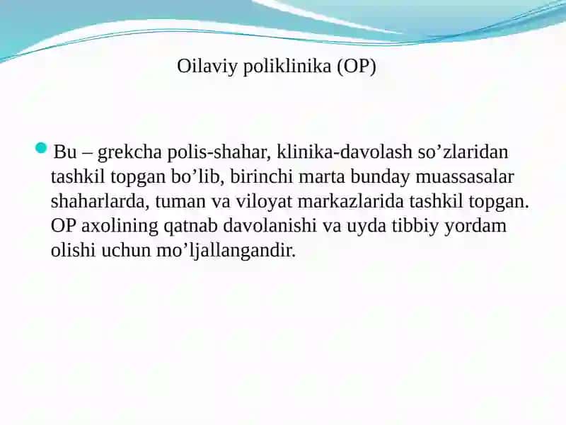 Sog‘liqni saqlash tizimida birlamchi tibbiy sanitariya yordamni tashkil etish. SHaxar va qishloq aholisiga tibbiy yordamni tashkil etish 2