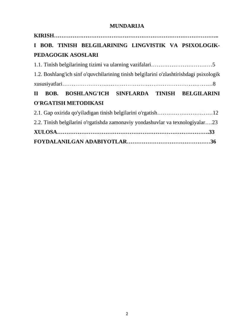 BOSHLANGʻICH SINFLARDA TINISH BELGILARINI OʻRGATISH METODIKASI...... 2