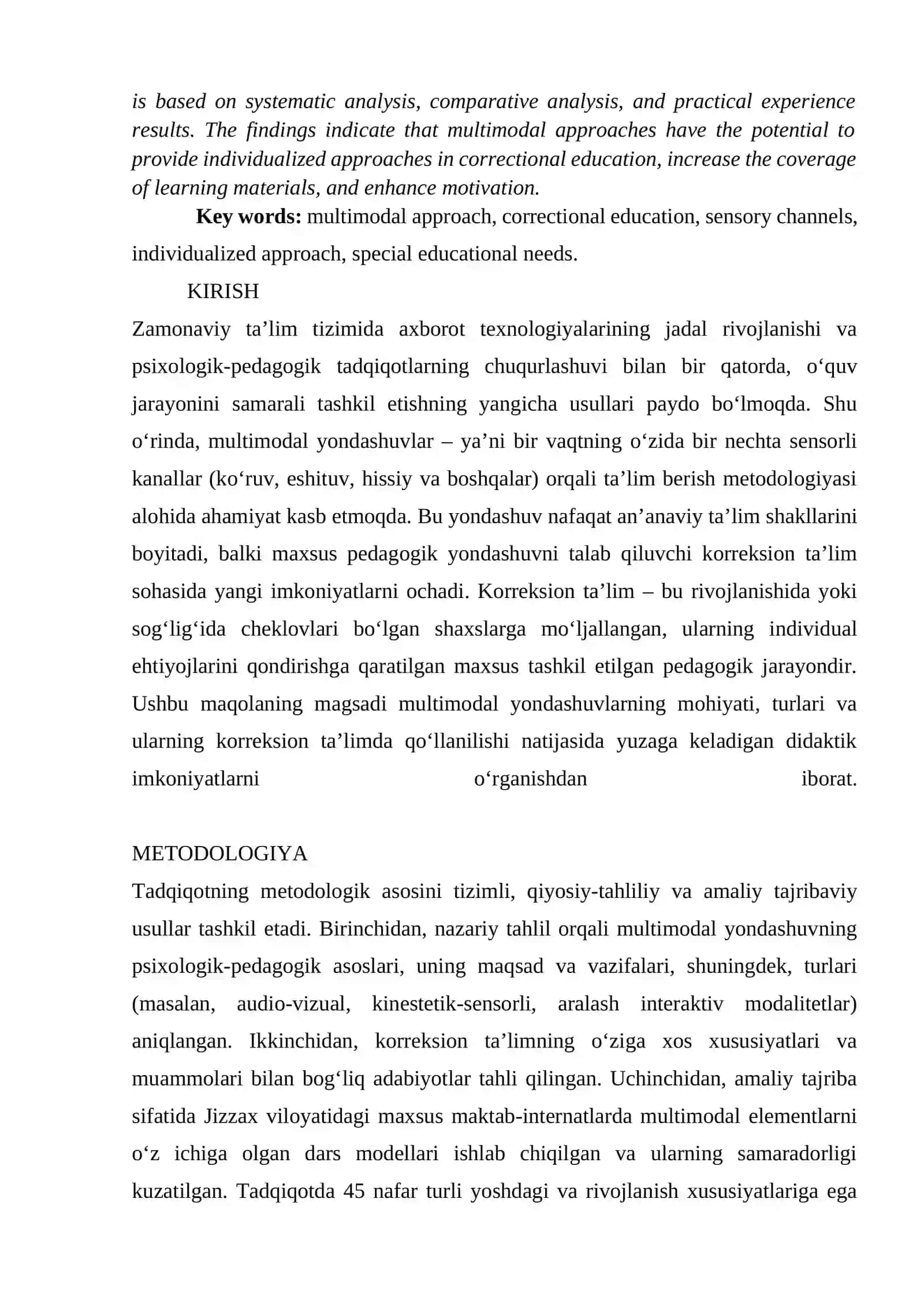 MULTIMODAL YONDASHUVLAR MAQSADI, VAZIFALARI, TURLARI VA ULARDAN KORREKSION TA’LIMDA FOYDALANISHNING IMKONIYATLARI 2