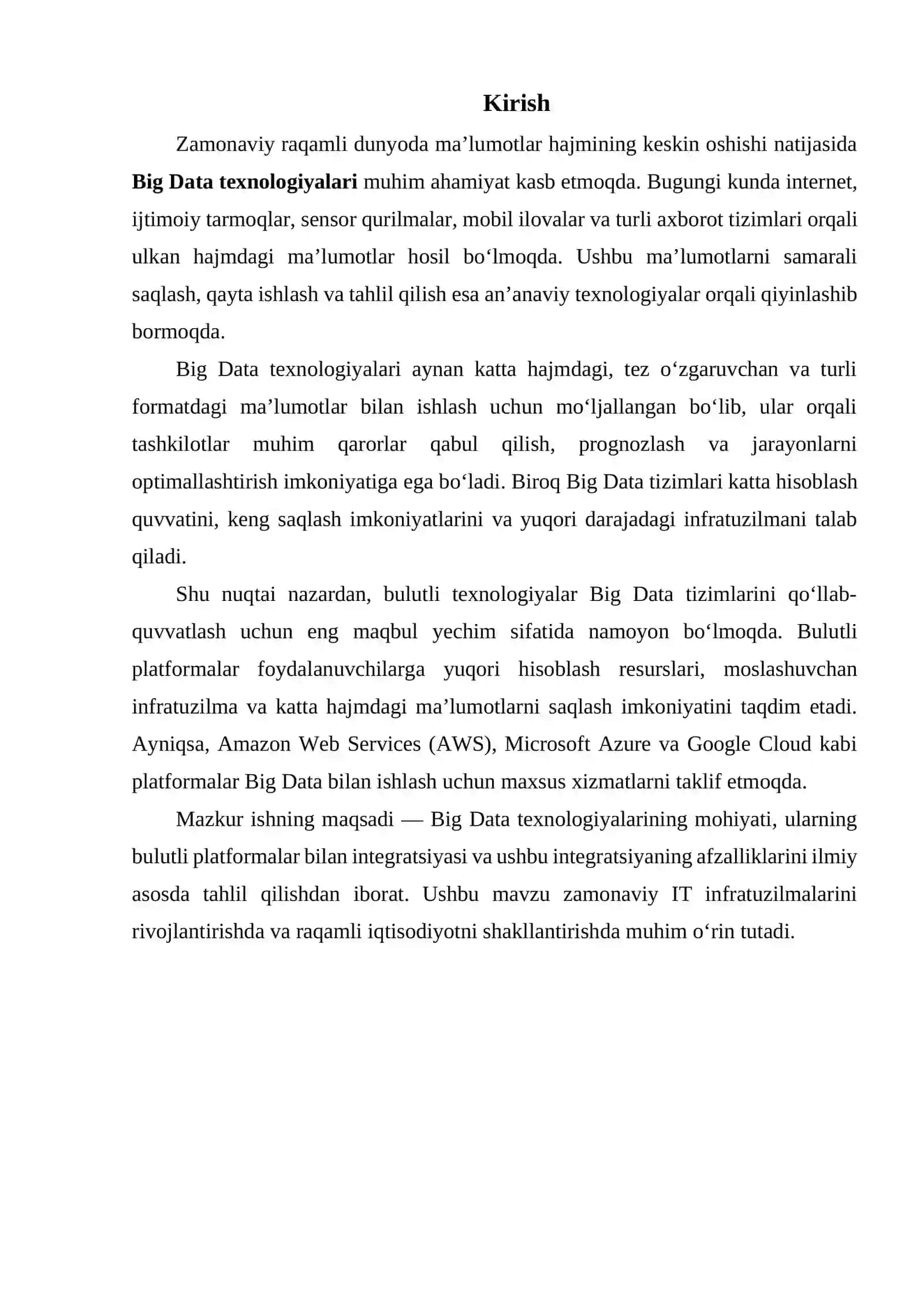 BIG DATA TEXNOLOGIYALARI VA ULARNING BULUTLI PLATFORMALAR BILAN INTEGRATSIYASI 2