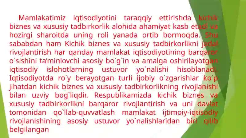 KICHIK BIZNES VA XUSUSIY TADBIRKORLIKNING MAMLAKATIMIZ IQTISODIYOTIDAGI O`RNI 2