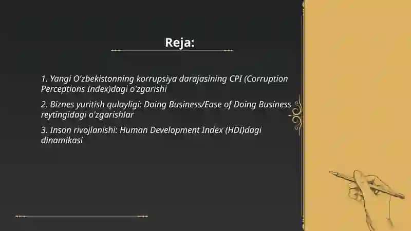 Yangi O'zbekistonning korrupsiya darajasining CPI (Corruption Perceptions Index)dagi o'zgarishi 2