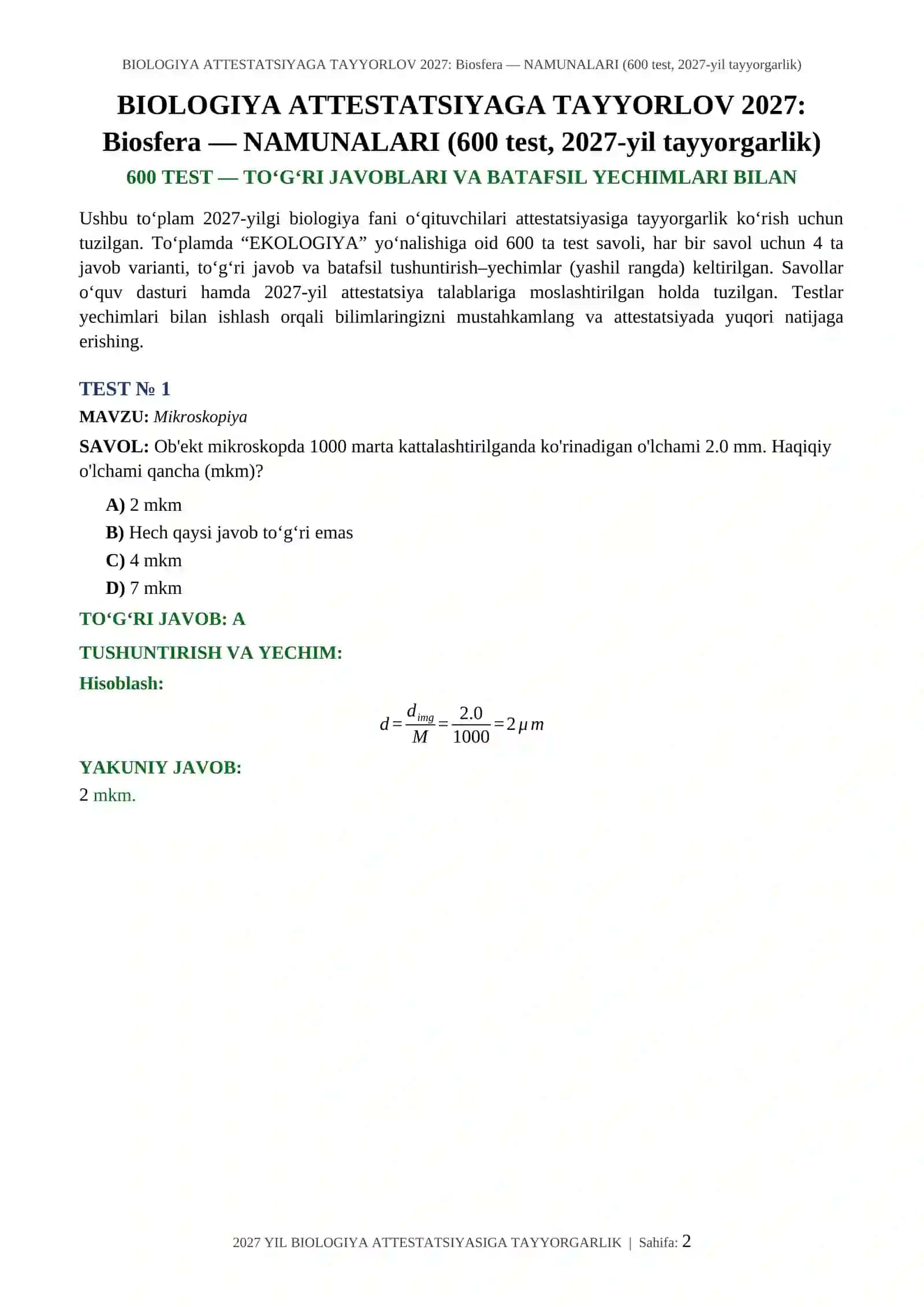 BIOLOGIYA ATTESTATSIYAGA TAYYORLOV 2027: Biosfera — NAMUNALARI (600 test, 2027-yil tayyorgarlik) 2