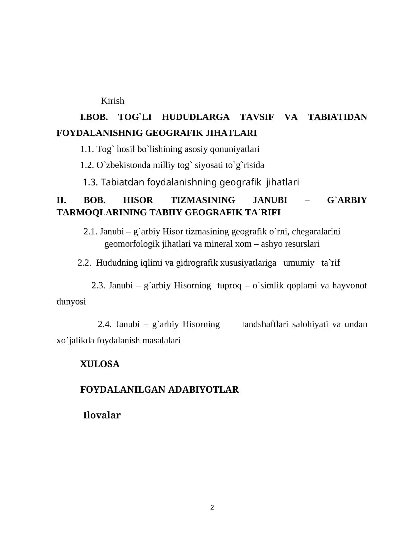 “Hisor tizmasining janubi – g`arbi” mavzusidagi Bitiruv malakaviy ishi 2