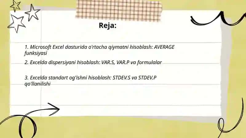 Microsoft Excel dasturida òrtacha kattaliklar dispersiya ishonchlilik intervali hisoblash 2