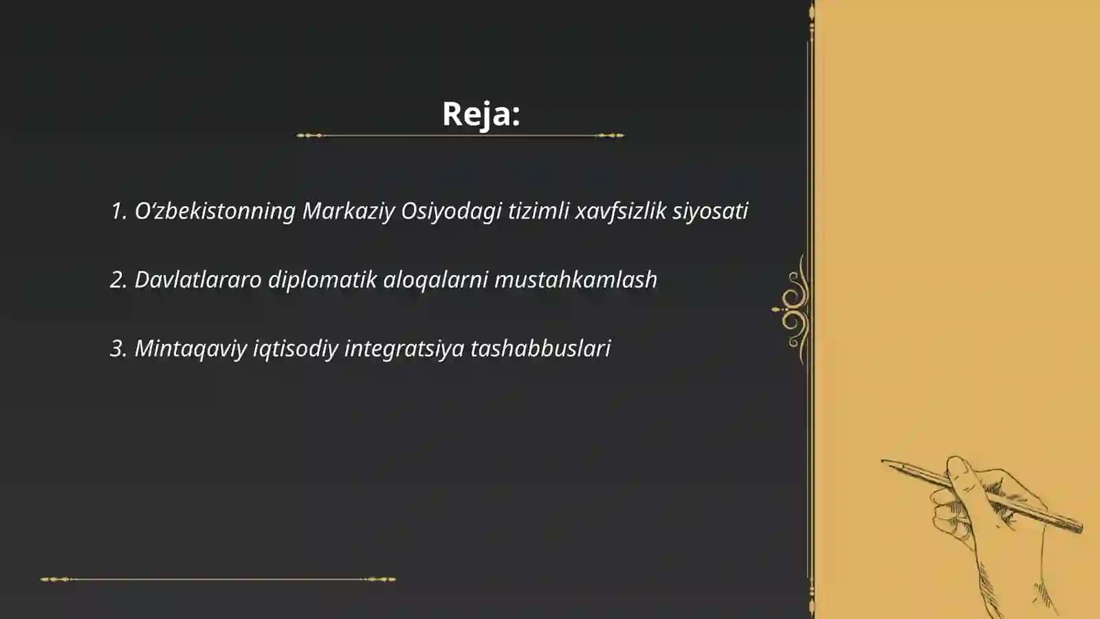 Oʻzbekistonning Markaziy Osiyoda tinchlik va barqarorlikni taʼminlashda oʻrni Ismoilova Fazilat FARAB 2421 - guruh 2
