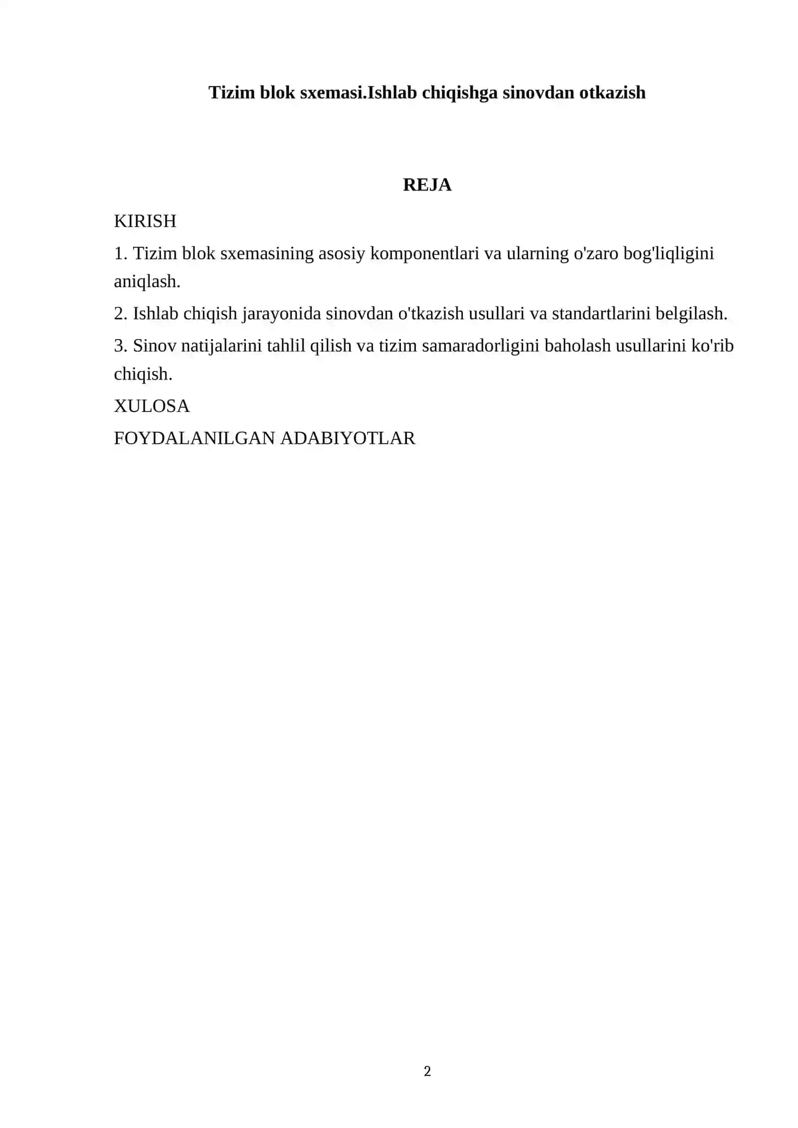 Tizim blok sxemasi.Ishlab chiqishga sinovdan otkazish 2