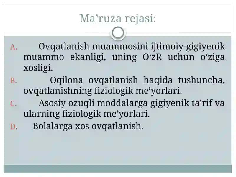 Ovqatlanish gigiyenasi. Ovqatlanish salomatlik omili. 2