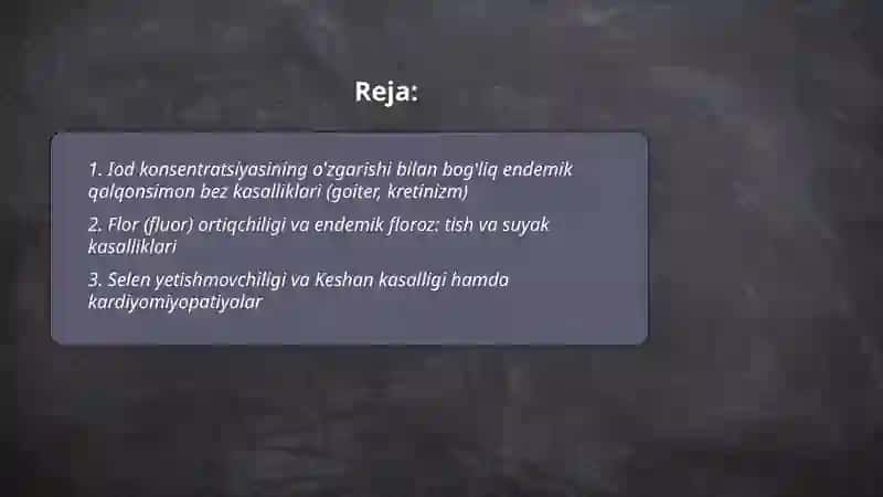 Biogen elementlar konsentratsiyasi òzgarishi bilan boģliq bòlgan endemik va kasb kasalliklari 2
