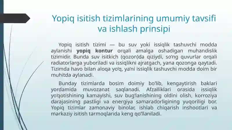 Yopiq tizimlarni isitish yuklamasi bo'yicha sozlash 2