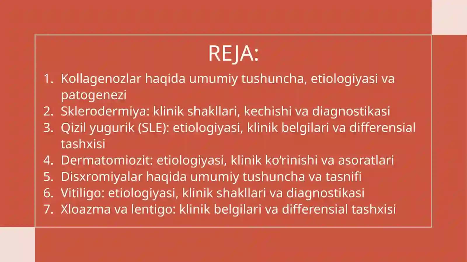 Kollagenozlar, disxromiyalar, sklerodermiya, qizilyugurik, vitiligo, xloazma va lentigo 2