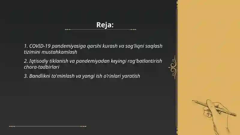 O'zbekiston Respublikasi Prezidenti Shavkat Mirziyoyevning 2020-yil29-dekabrdagi Oliy Majlisga Murojaatnomasidagi ko'rilgan ustuvor masalalari 2
