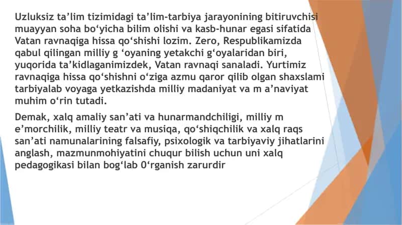 Xalq pedagogikasida xalq amaliy san’ati va hunarmandchiligi, milliy me’morchilik, milliy musiqa, qo‘shiqchilik va raqs san’ati, milliy teatrlarning tarbiyaviy ahamiyati 2