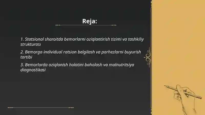 Statsional sharoitda bemorlarni ovqatlantirishni tashkil qilish 2