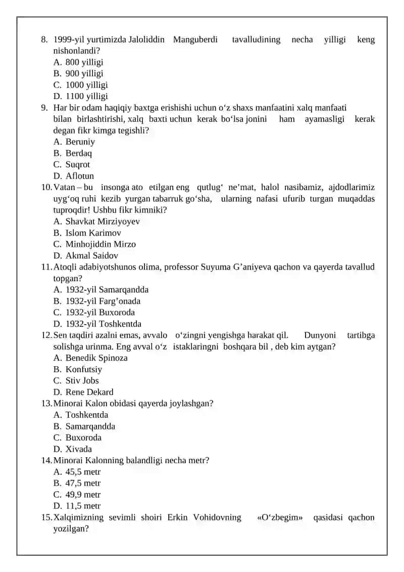 8-SINF O’QUVCHILARI UCHUN TARBIYA FANIDAN NAZORAT ISHI 2