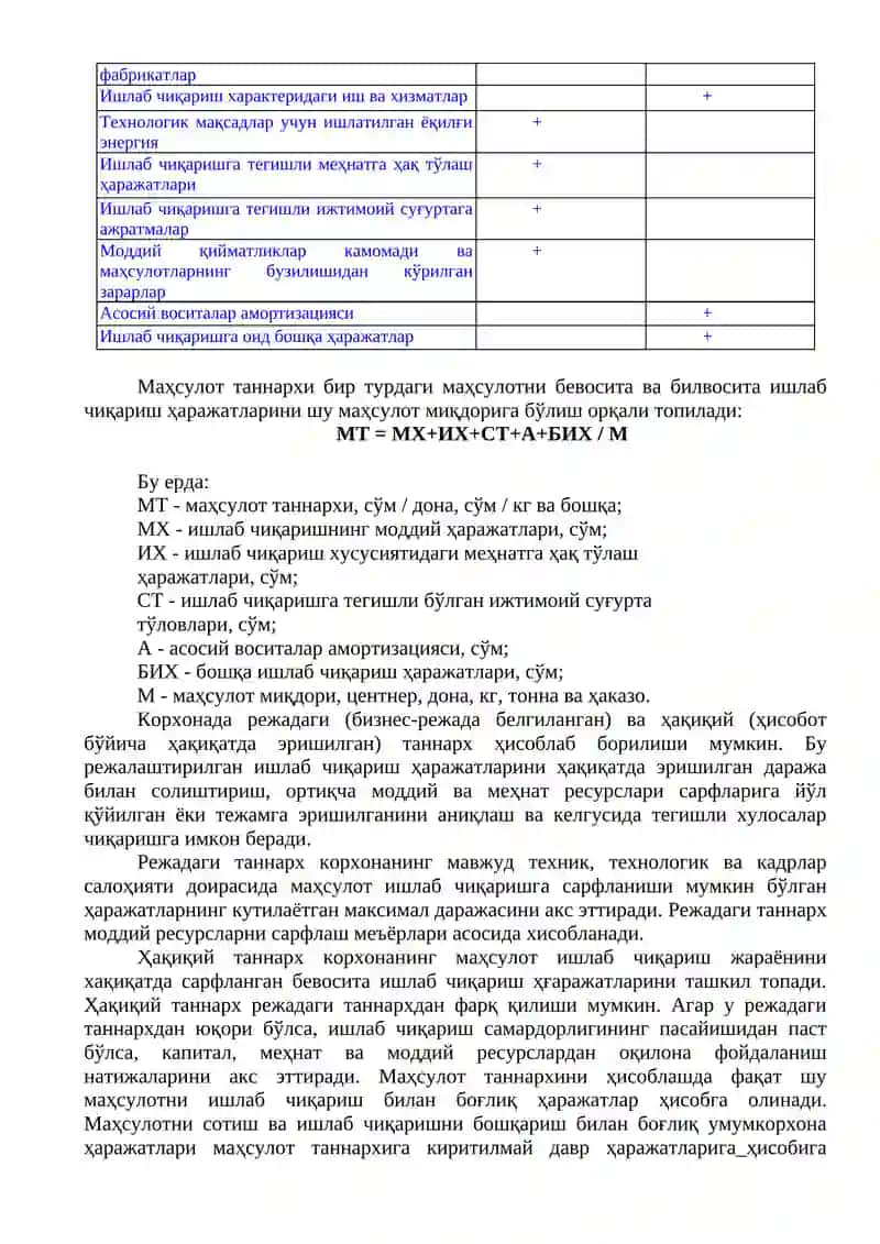 Маҳсулот таннархи ва уни ҳисоблаш усуллари 2