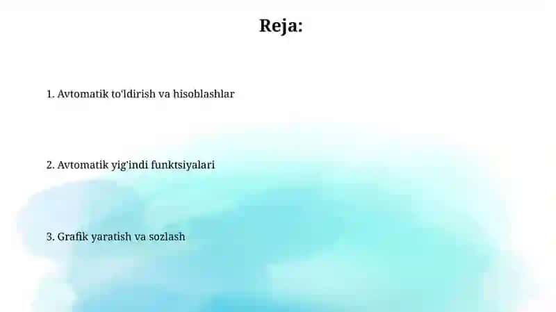 Excel dasturida avtoto’ldirishlar va avtohisoblashlar. Diagrammalar yaratish 2