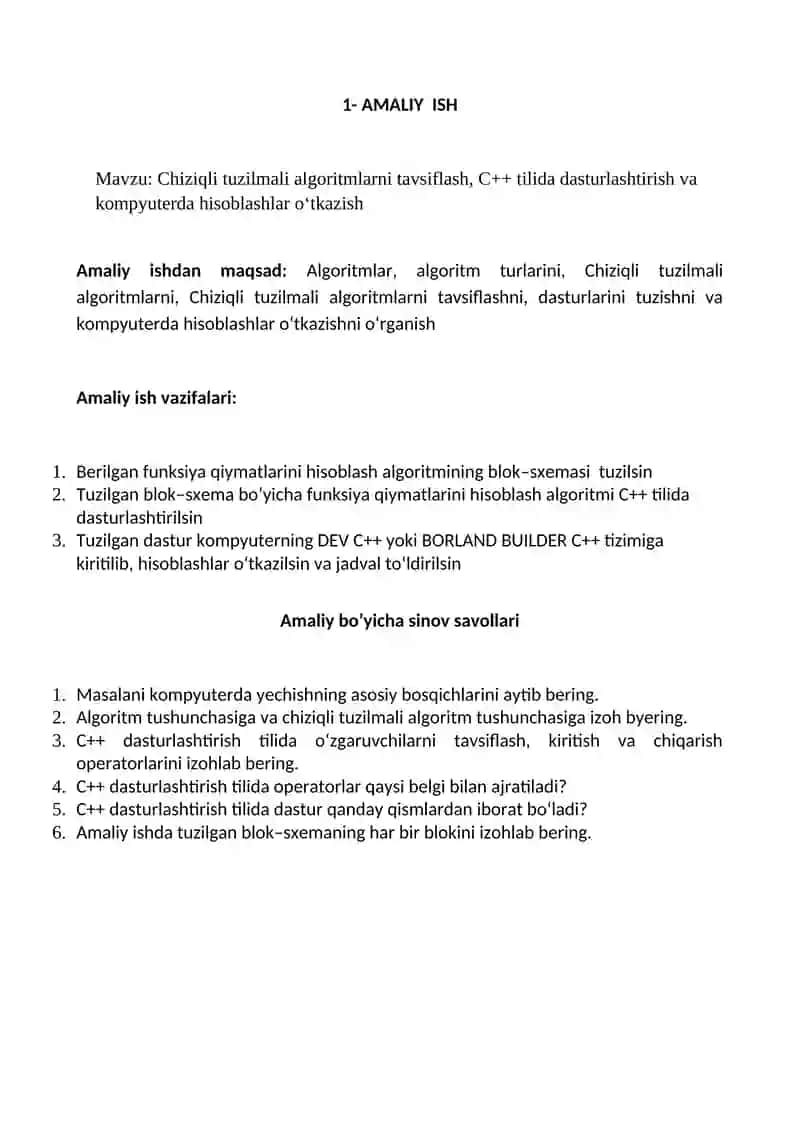 Chiziqli tuzilmali algoritmlarni tavsiflash, C++ tilida dasturlashtirish va kompyuterda hisoblashlar o‘tkazish 2