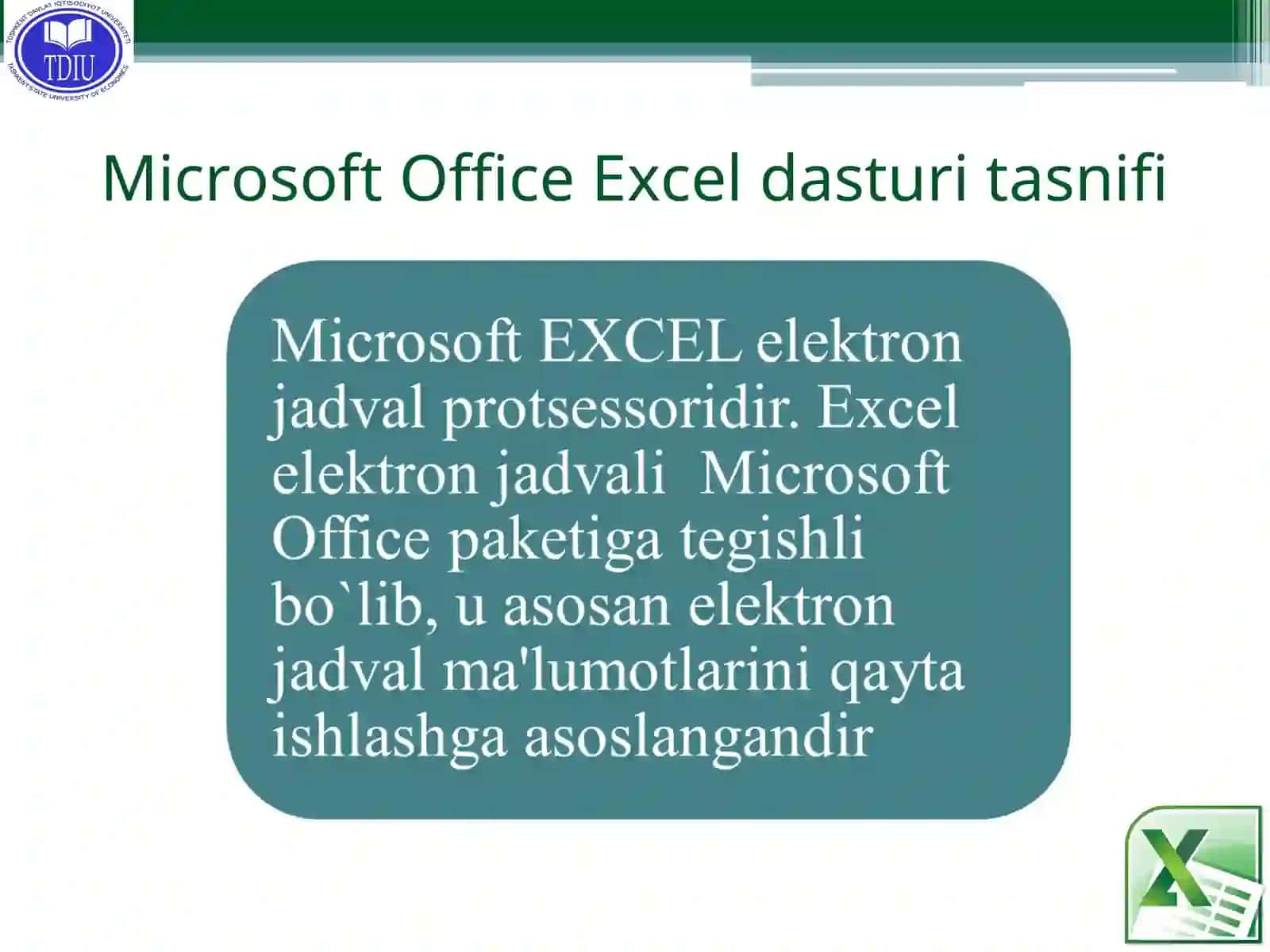 Microsoft Office Excel dasturi tasnifi 2