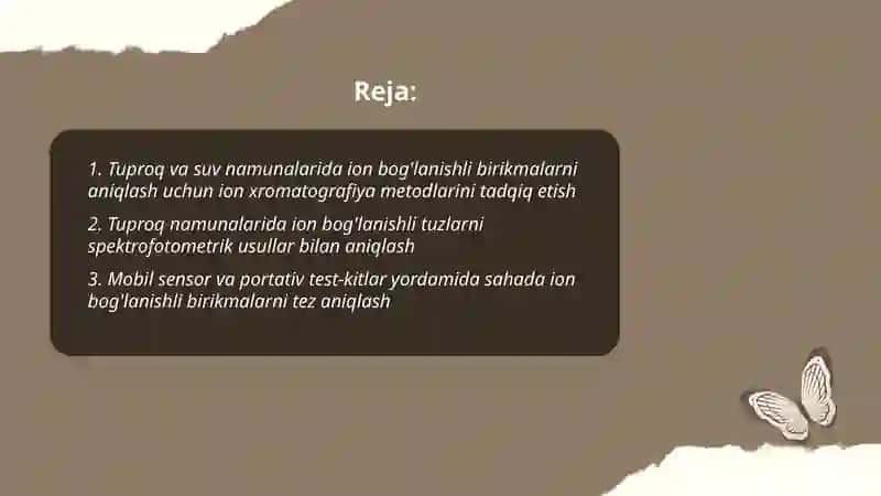 Tuproq va suv namunalarida ion bog'lanishli birikmalarni aniqlash uchun ion xromatografiya metodlarini tadqiq etish 2