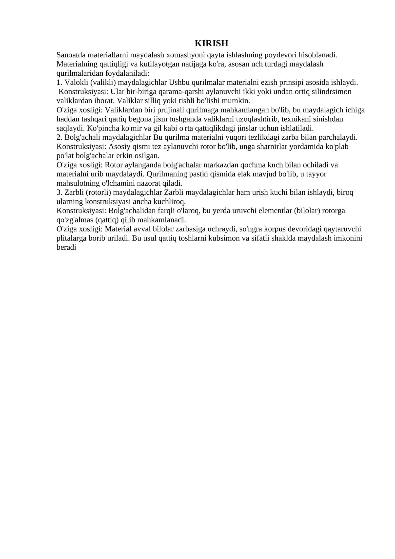 Valokli, bolg`achali va zarbli maydalagichlarva ularning konstruksiyasi 2