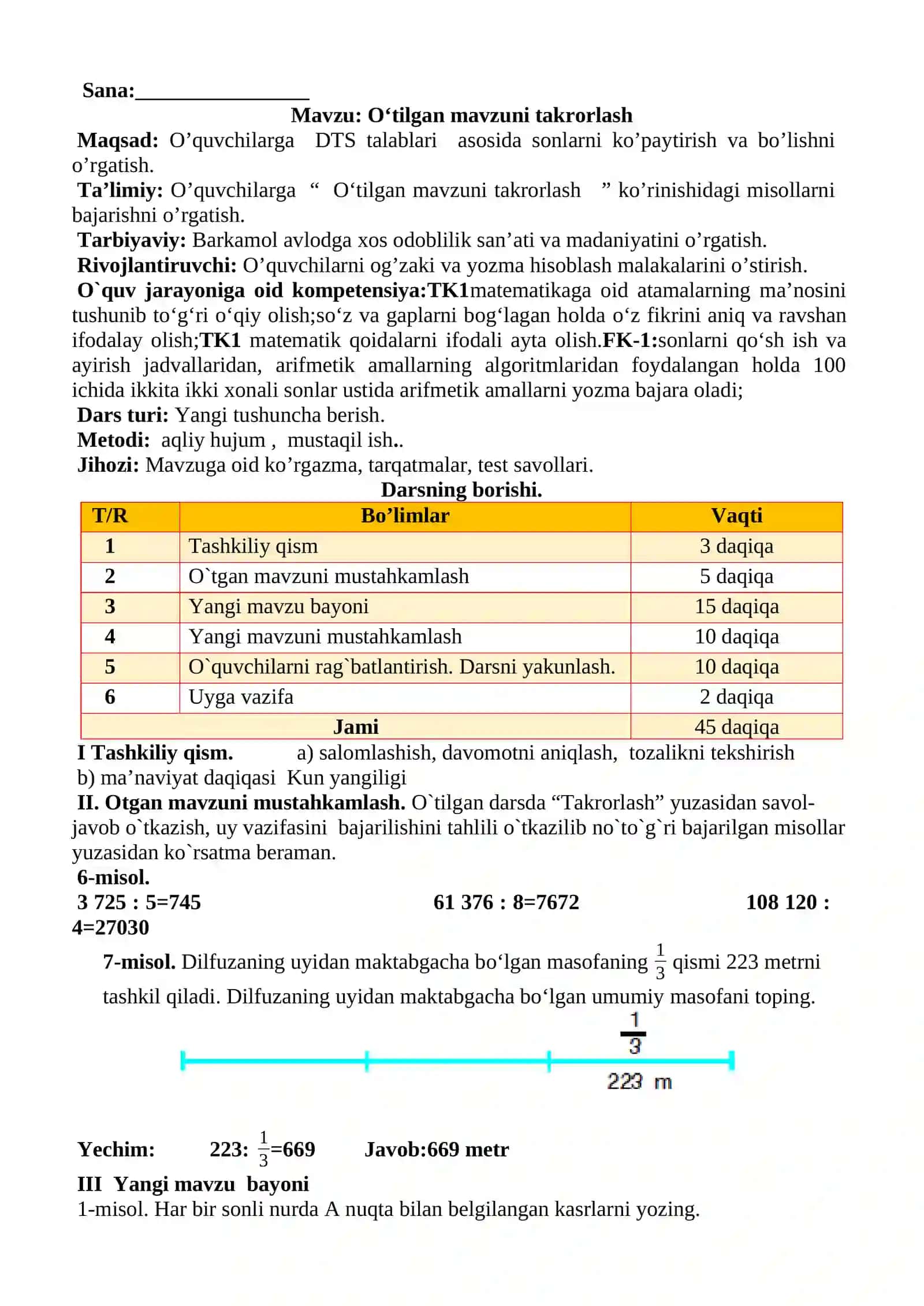 4-sinf Matematika fanidan 3-chorak Takrorlash dars ishlanmasi 2