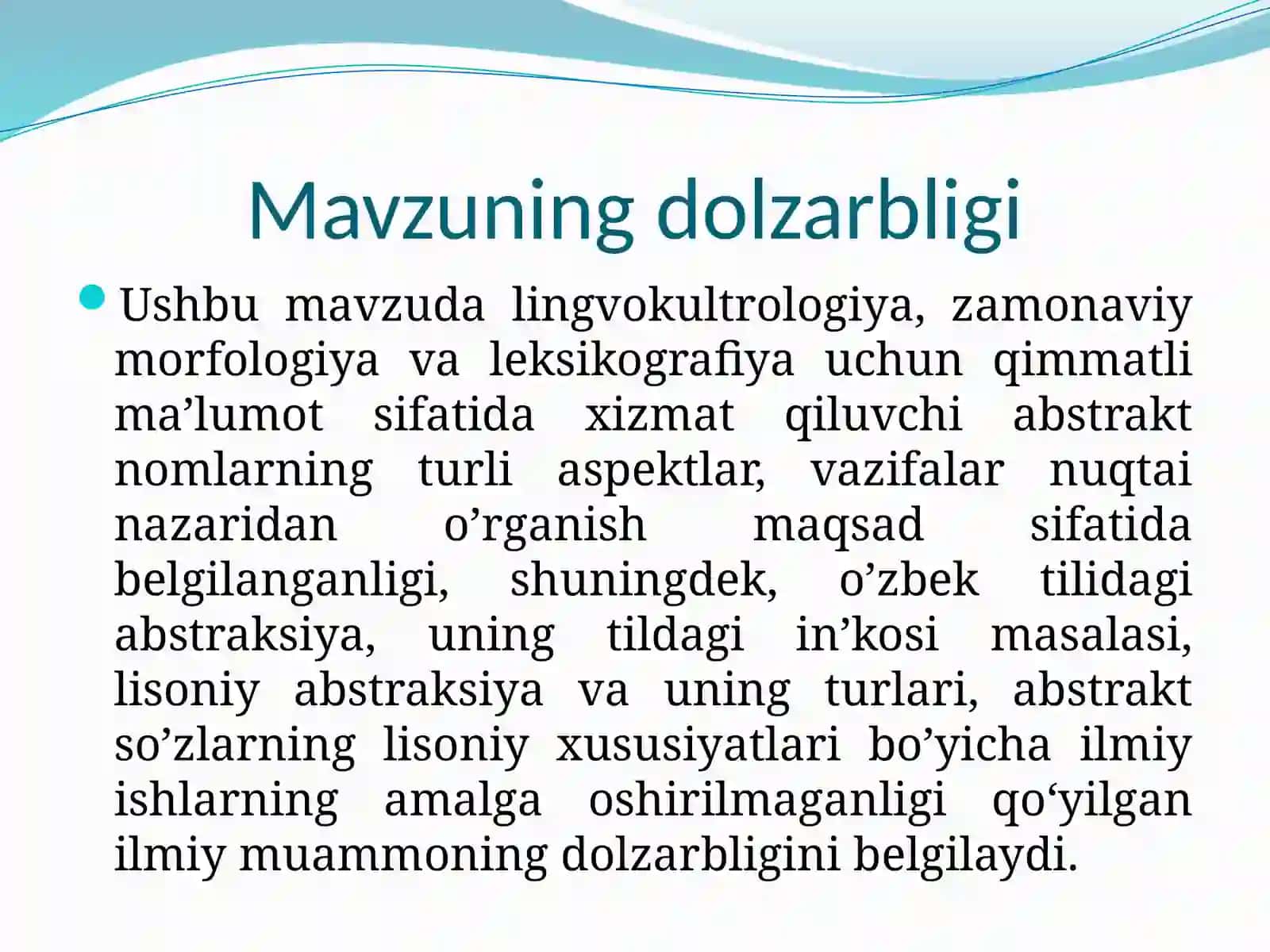O‘ZBEK TILIDA ABSTRAKT NOMLAR ORQALI IFODALANUVCHI KONSEPTLARNING LINGVOKULTROLOGIK TADQIQI 2