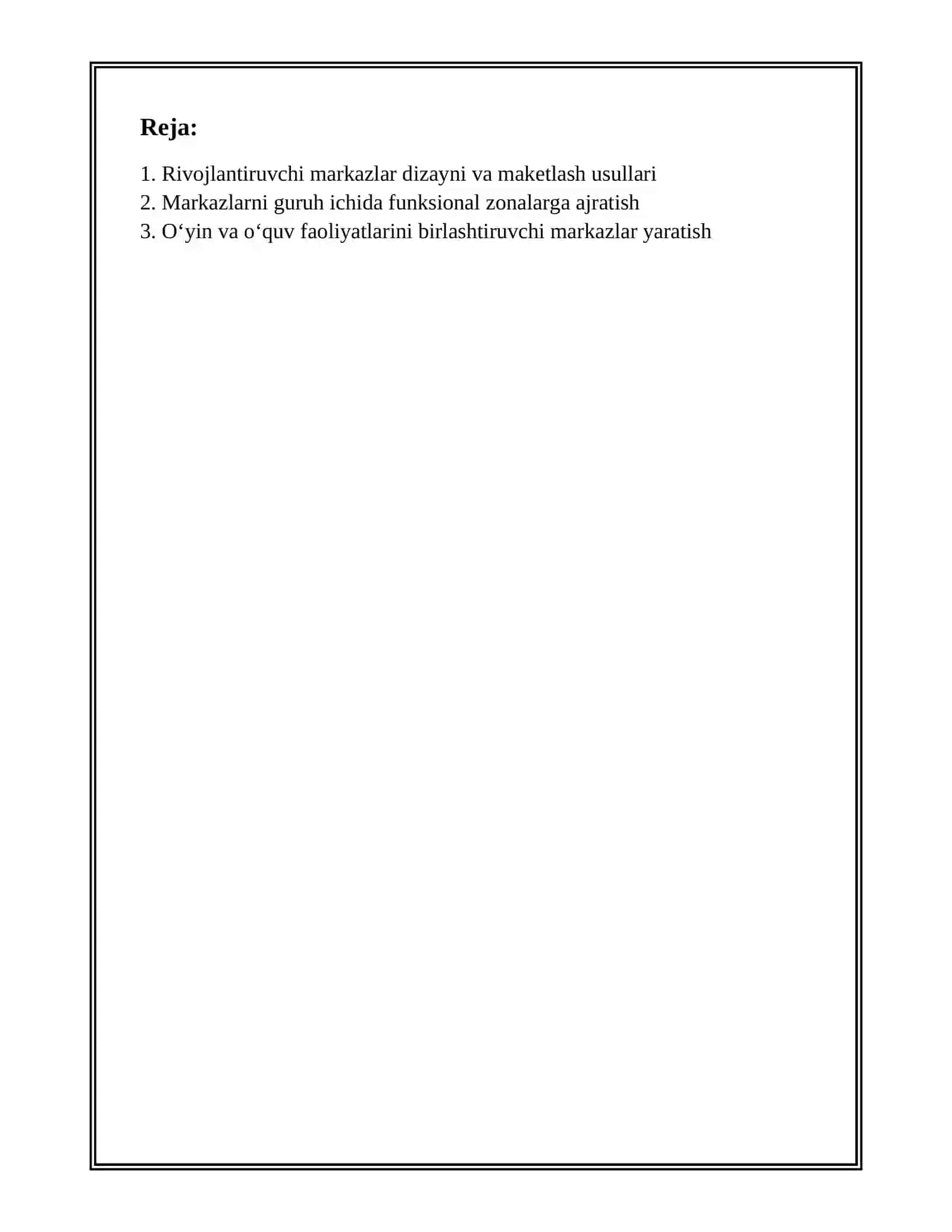 MAKTABGACHA TA'LIM GURUHLARIDA RIVOJLANTIRUVCHI MARKAZLARNI JOYLASHUVI UCHUN KREATIV YONDASHUV 2