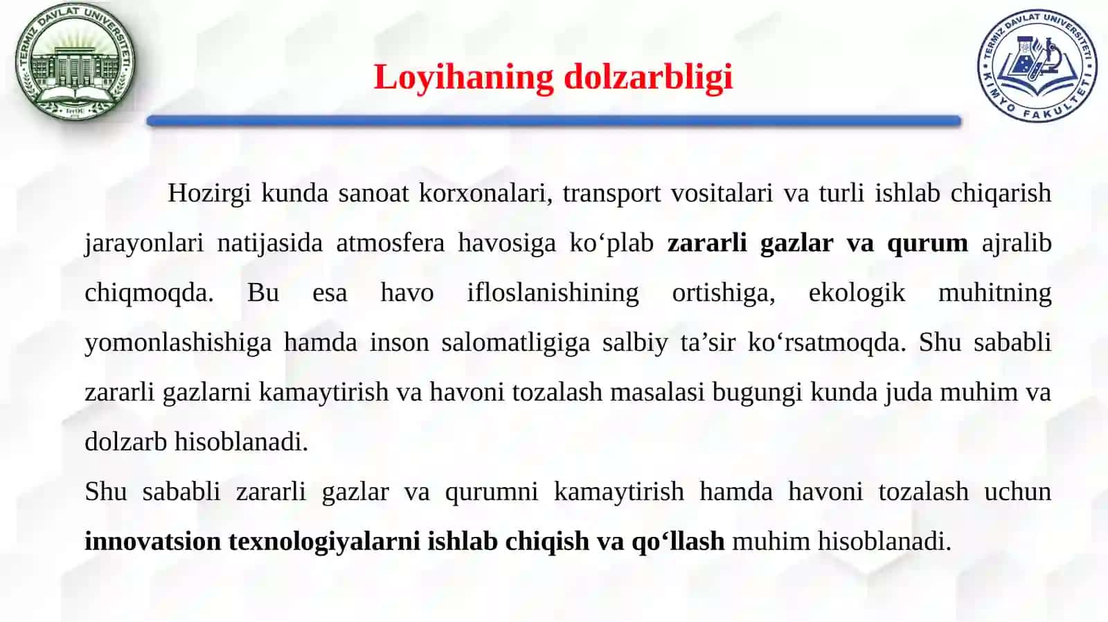Zararli gazlar va qurum tozalovchi innovatsion texnologiya 2