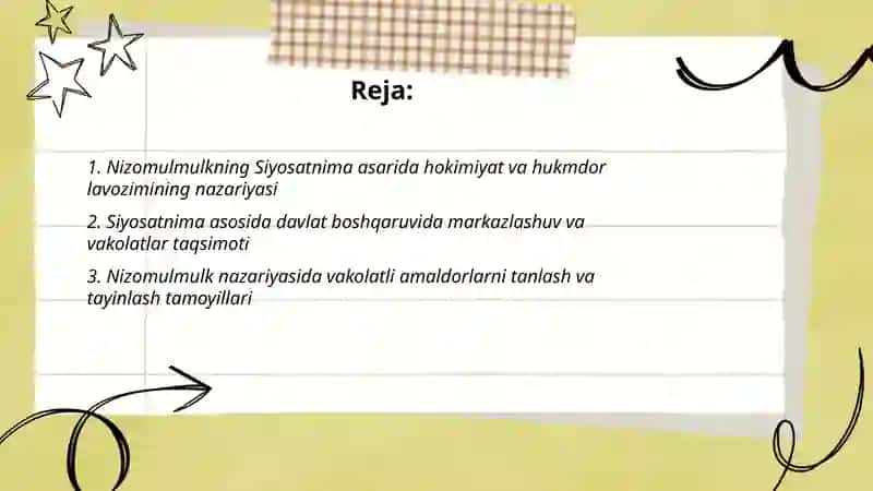 Nizomulmuklning "Siyosatnima" asari bo'yicha jamiyat boshqaruviga oid g'oyalarini tahlil etish 2