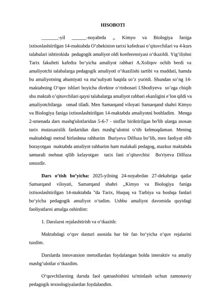 Maktabda pedagogik amaliyoti bo’yicha H I S O B O T 2