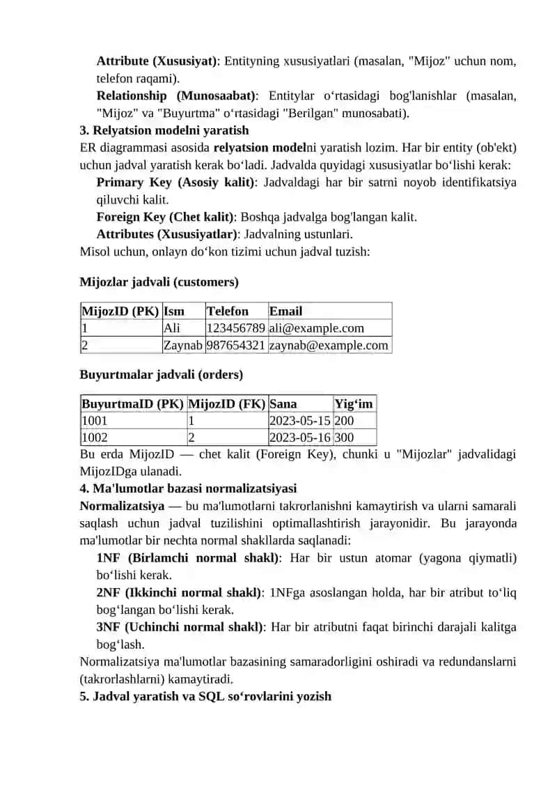 Relyatsion ma'lumotlar bazasini loyihalash va ishlab chiqish 2