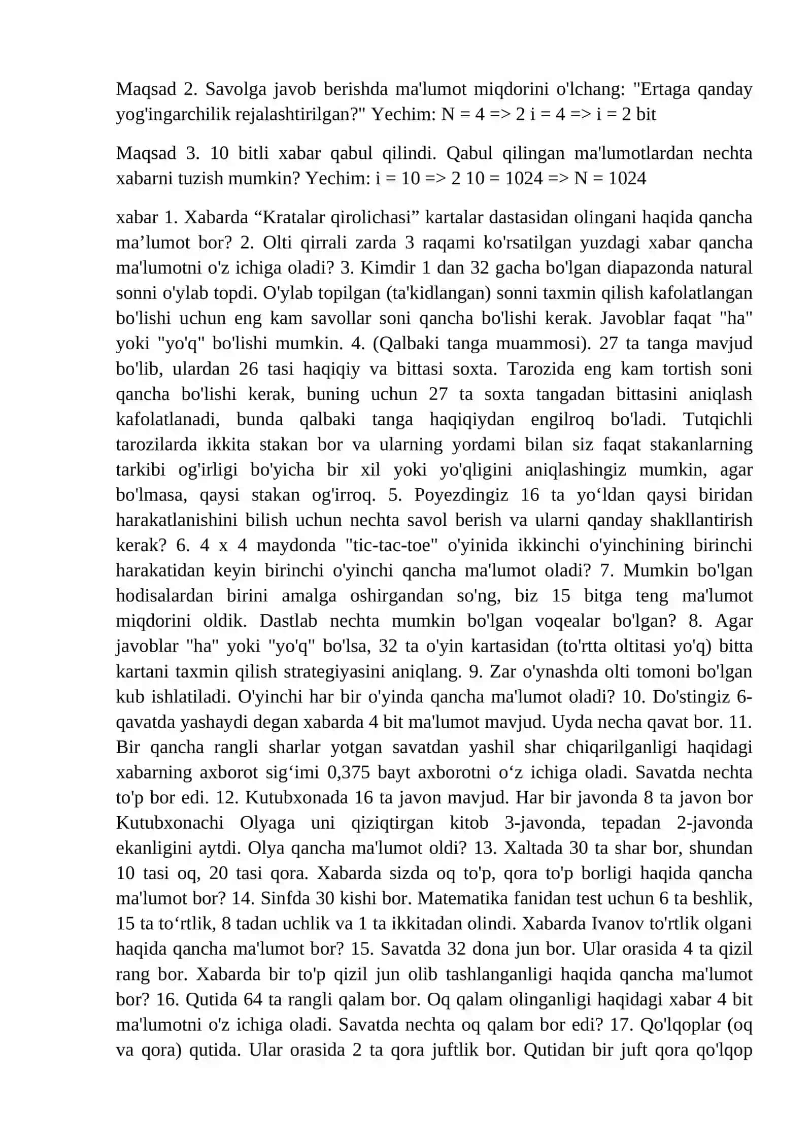 Axborot miqdori varianti 1. Xabardagi axborot miqdorini aniqlash 2