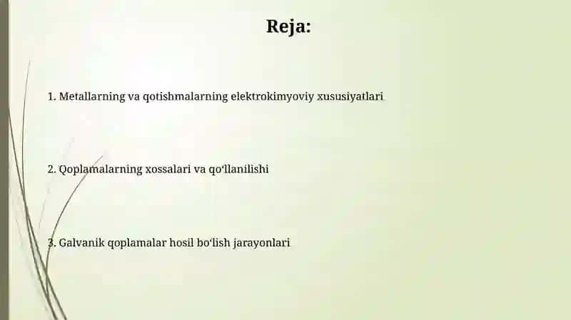 Metallar va qotishmalarning elektrokimyoviy ishlashi galvanik qoplama hosil qilish 2