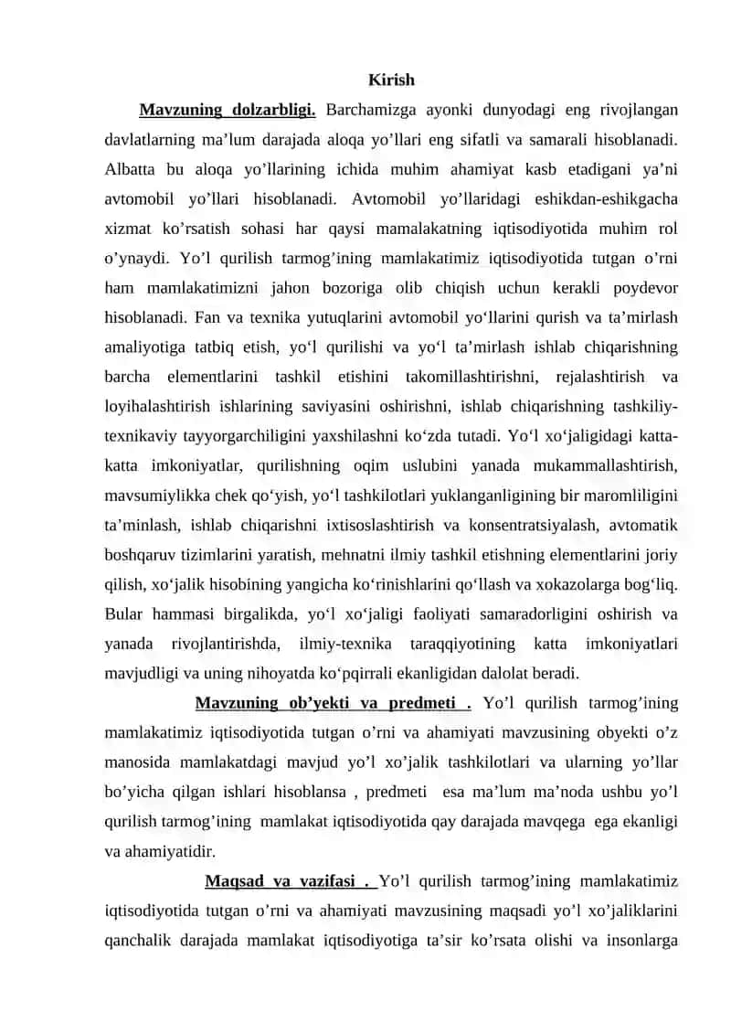 MAMLAKATIMIZ IQTISODIYOTIDA YO’L QURILISH TARMOG’INING TUTGAN O’RNI 2