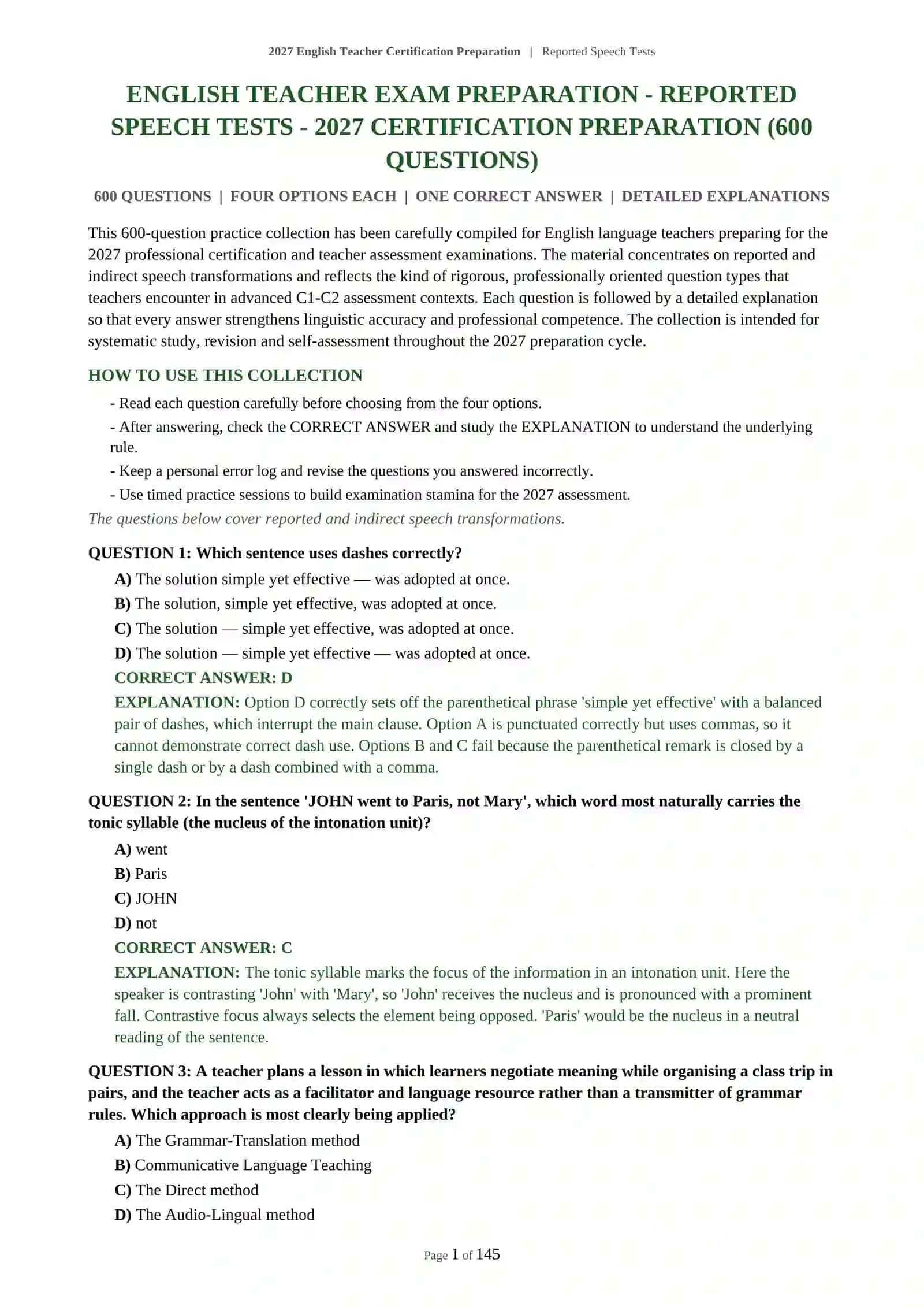 2027 English Teacher Certification Preparation | Reported Speech Tests 2