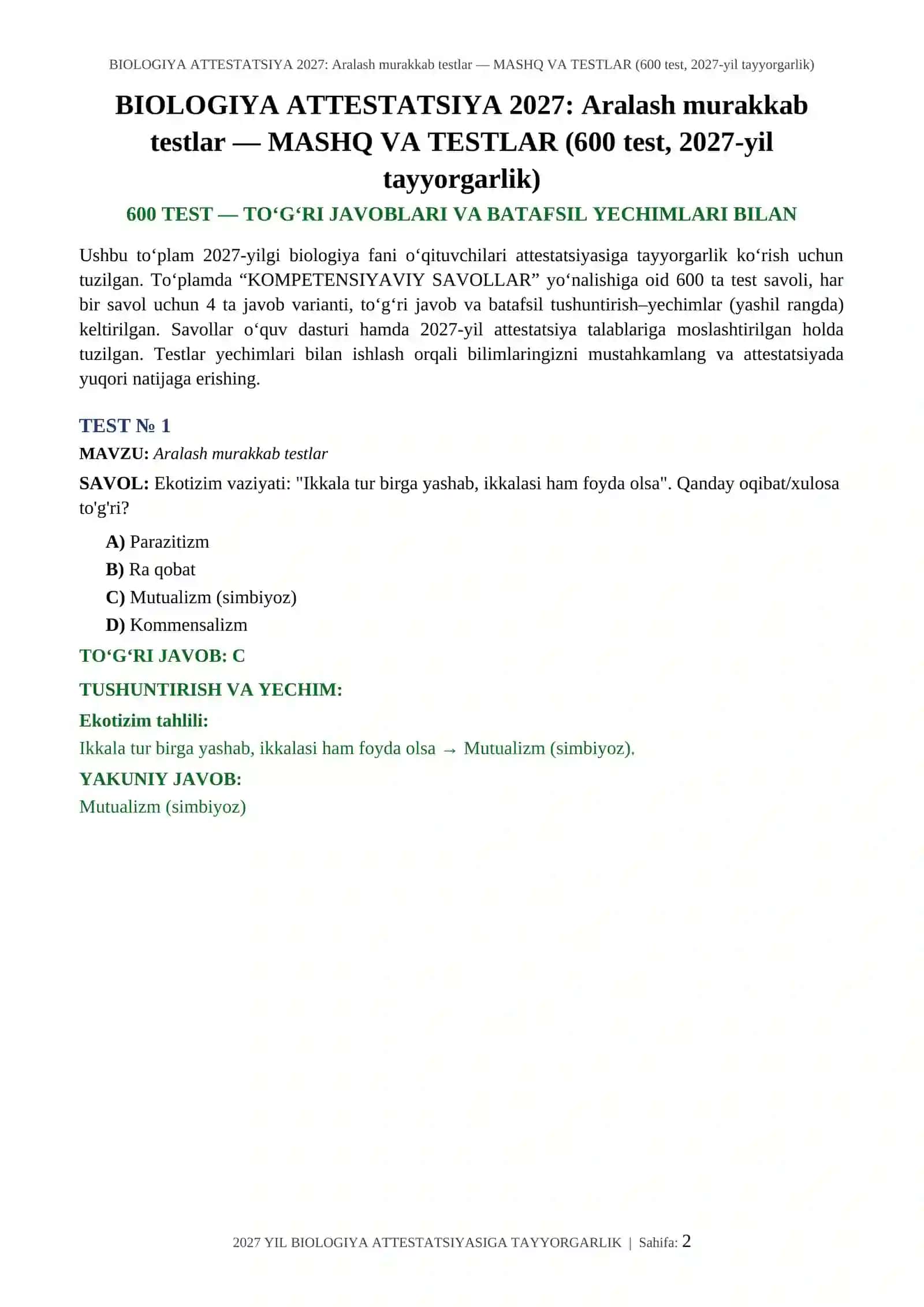 BIOLOGIYA ATTESTATSIYA 2027: Aralash murakkab testlar — MASHQ VA TESTLAR (600 test, 2027-yil tayyorgarlik) 2