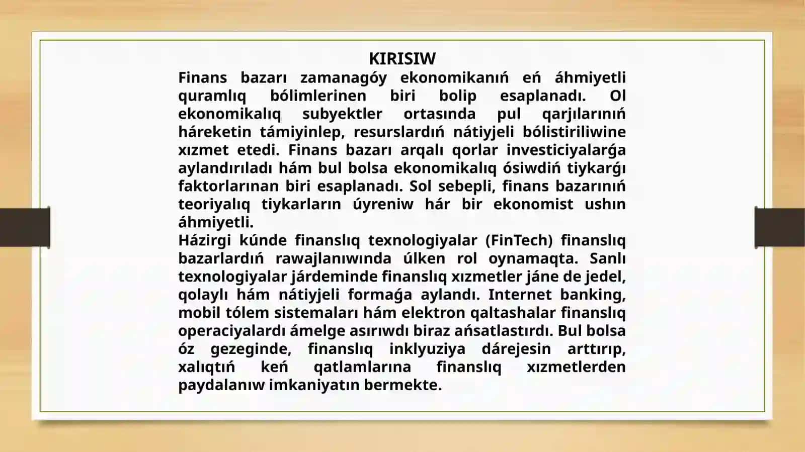 Finans bazarı hám finanslıq texnologiyalardıń teoriyalıq tiykarla 2