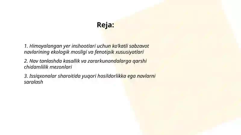 Himoyalangan yer inshootlarida Ko‘katli sabzavotlarni yеtishtirishda nav va duragaylarni tanlash 2