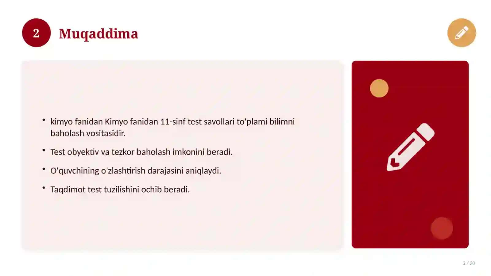 Kimyo fanidan 11-sinf test savollari to'plami 2