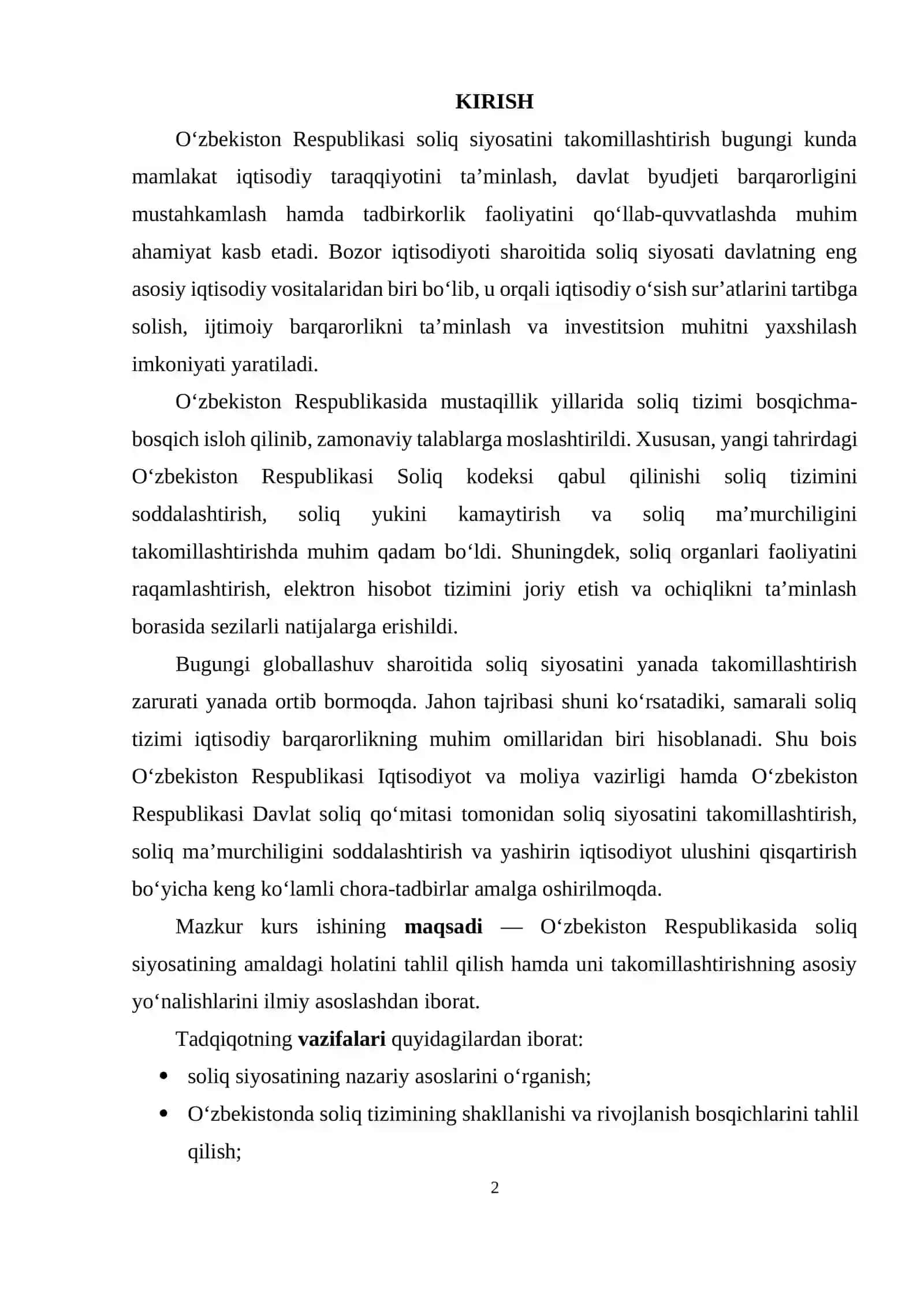 O‘ZBEKISTON RESPUBLIKASI SOLIQ SIYOSATINI TAKOLMILLASHTIRISH YO'LLARI 2