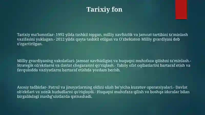 OʻZbekiston Respublikasi Milliy Gvardiyasini Vakolatlari Va Faoliyatining Asosiy YoʻNalishlari 2