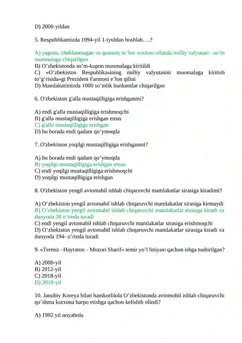 Mustaqillik yillarida O‘zbekistondagi ijtimoiy-iqtisodiy o‘zgarishlar. Test savollari. 2