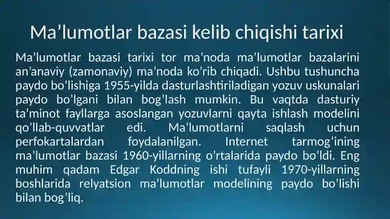 MA’RUZA. MA’LUMOTLAR BAZASINING MAQSADI, VAZIFALARI VA ASOSIY TUSHUNCHALARI 2