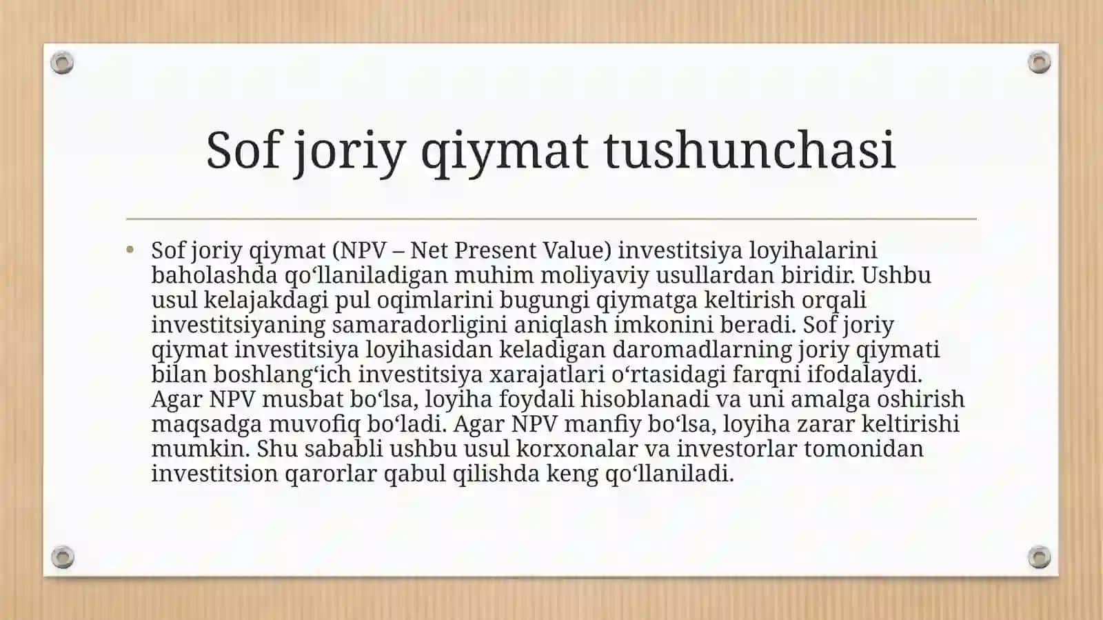 Sofjoriy qiymat usullari bo'yicha investitsion qarorlarni qabul qilish 2